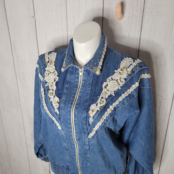Vintage Floral Embroidered Blue Denim Rodeo Western Rodeo Jacket Womens Size S - Picture 2 of 12